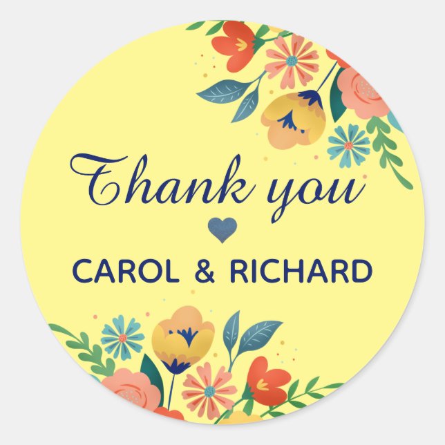 Cheerful Spring Floral Yellow Custom Thank You Classic Round Sticker (Front)