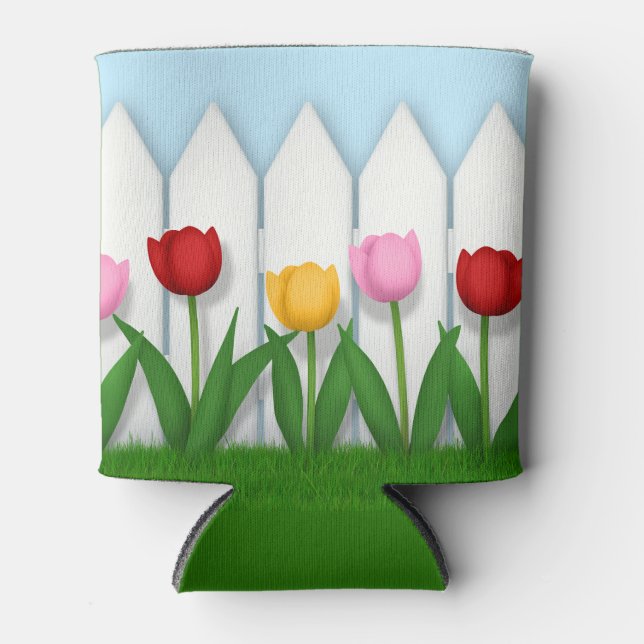 Cheerful Spring Tulips & White Picket Fence Can Cooler (Front)