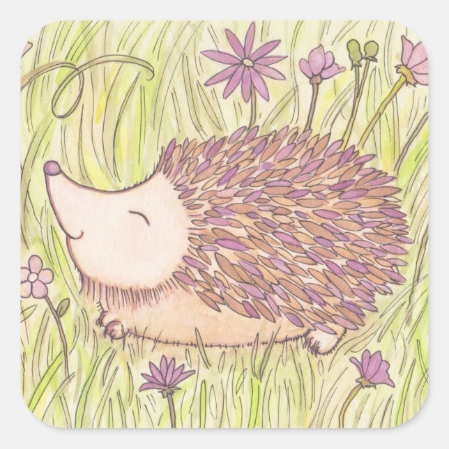 Cheerful Springtime Hedgehog Square Sticker (Front)