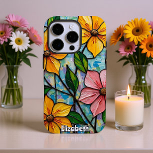 Cheerful Stained Glass Flower Artwork iPhone 16 Pro Case