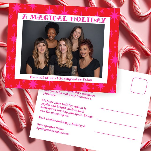 Cheerful Stars Pink Christmas Custom Business Holiday Postcard (Cheerful Stars Pink Red Christmas Custom Photo Office Salon Small Business Holiday Postcard
)