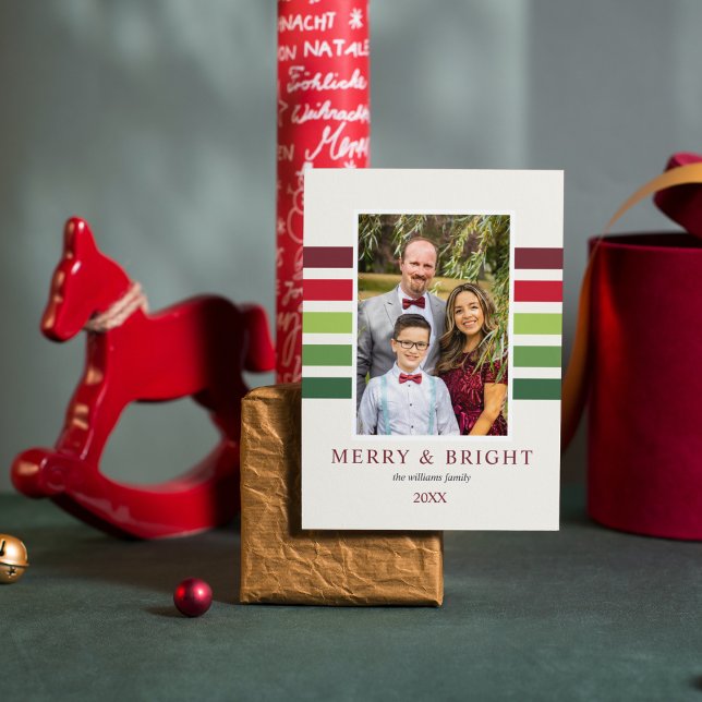 Cheerful Stripe Green Red White Christmas Photo  Holiday Card (Creator Uploaded)