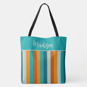 Cheerful Stripe Pattern Aqua Orange Personalized Tote Bag