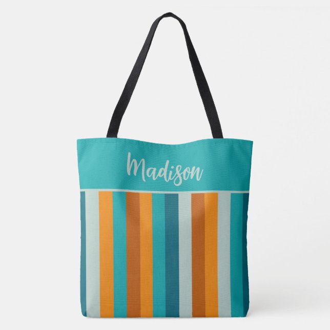 Cheerful Stripe Pattern Aqua Orange Personalized Tote Bag (Back)