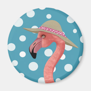 Cheerful Summer Flamingo Blue Polka Dot summer hat Magnet