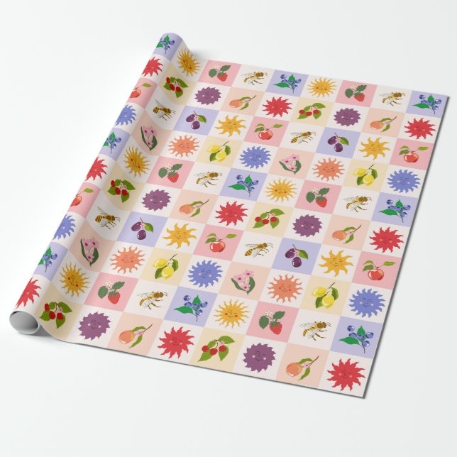 Cheerful Summer Fruits and Suns Bees Grid Pattern Wrapping Paper (Unrolled)