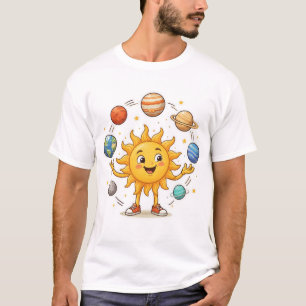 Cheerful Sun Juggling Planets T-Shirt Design