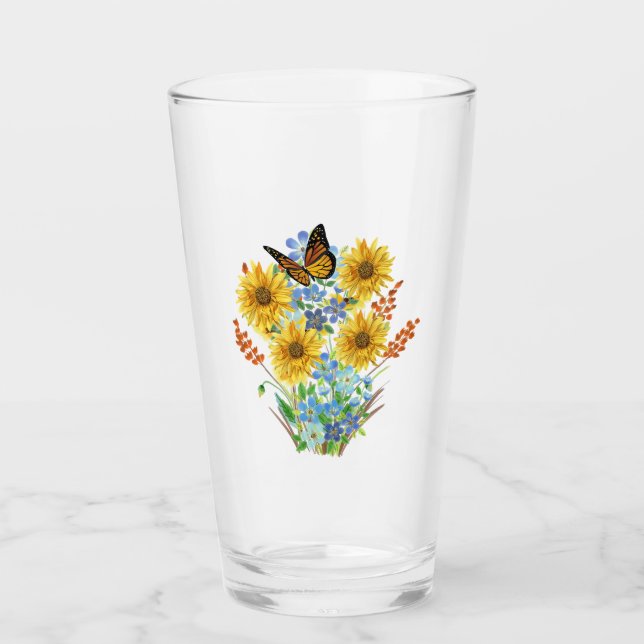 Cheerful Sunflower and Butterfly Bouquet Kitchen Glass (Front)