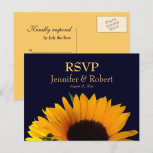 Cheerful Sunflower Navy Blue Wedding RSVP Invitation Postcard