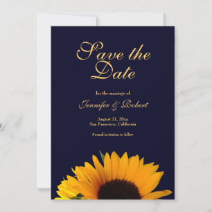Cheerful Sunflower Save the Date Navy Blue Invitation