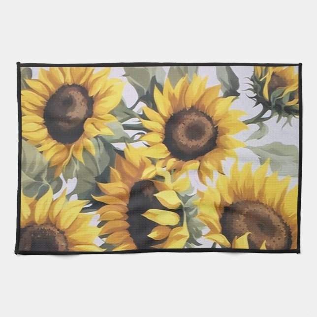 Cheerful Sunflowers Dish Towel (black border) (Horizontal)
