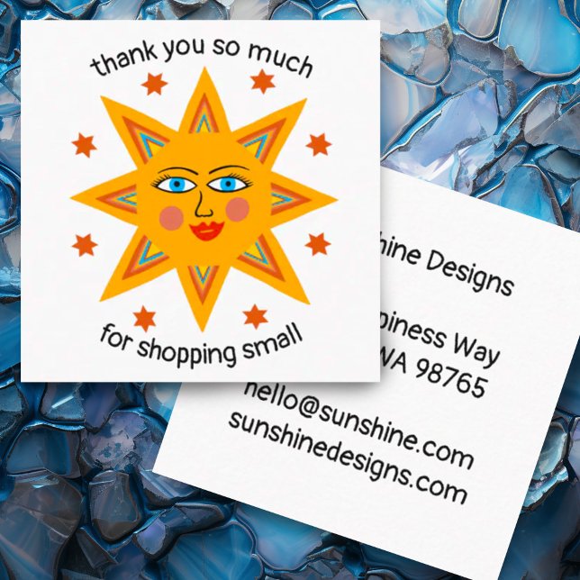 Cheerful Sunshine CUSTOM Thank You Shopping Small  Square Business Card (Small business thank you for your order custom card with cheerful sun)