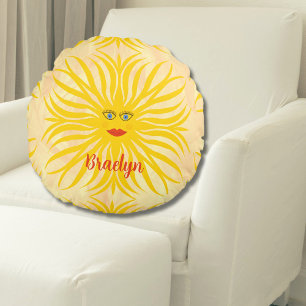 Cheerful Sunshine Sun Yellow Child Illustration Round Cushion