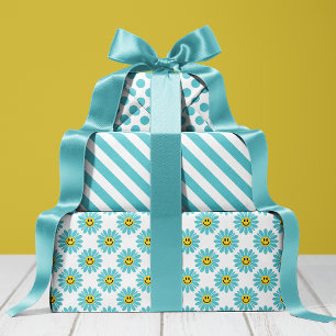 Cheerful Turquoise Daisy Floral Stripes Polka Dot  Wrapping Paper Sheet