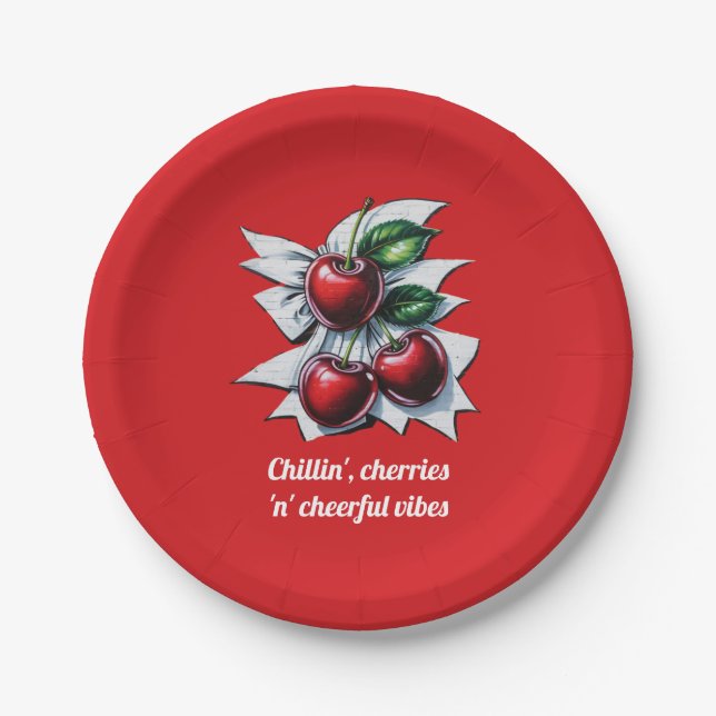 Cheerful Vibes Red Cherries Fruit Street Art Style Paper Plate (Front)