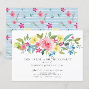 Cheerful Watercolor Floral Birthday Party Invitation