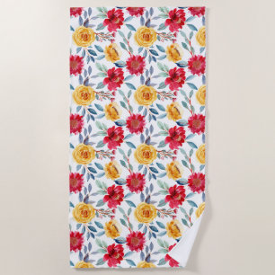 Cheerful Watercolor Floral Pattern in Yellow Rose Beach Towel