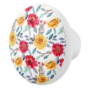 Cheerful Watercolor Floral Pattern in Yellow Rose Ceramic Knob