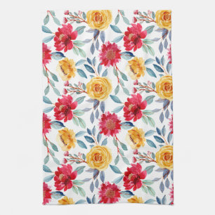 Cheerful Watercolor Floral Pattern in Yellow Rose Tea Towel