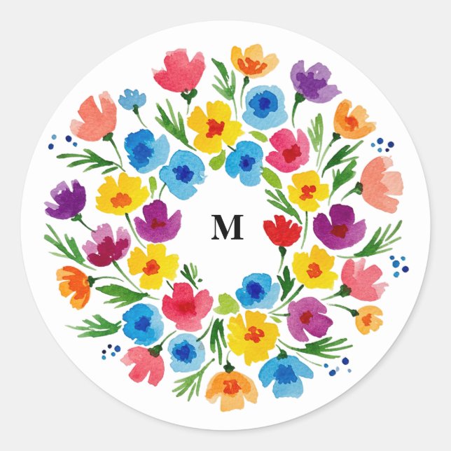 Cheerful Watercolor Florals Classic Round Sticker (Front)
