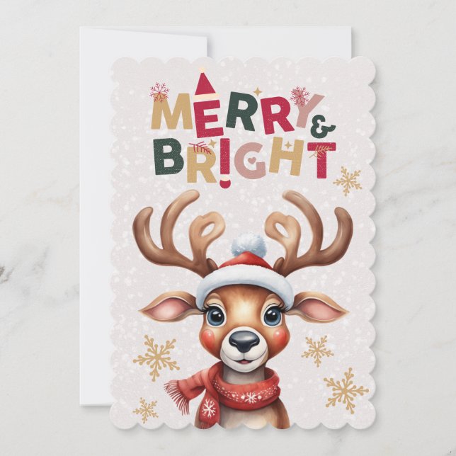 Cheerful Watercolor Reindeer Snowy Merry Christmas Holiday Card (Front)