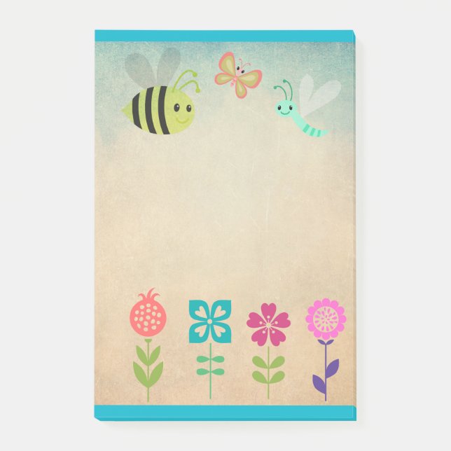 Cheerful Whimsical Collection of Flowers and Bugs Post-it Notes (Front)