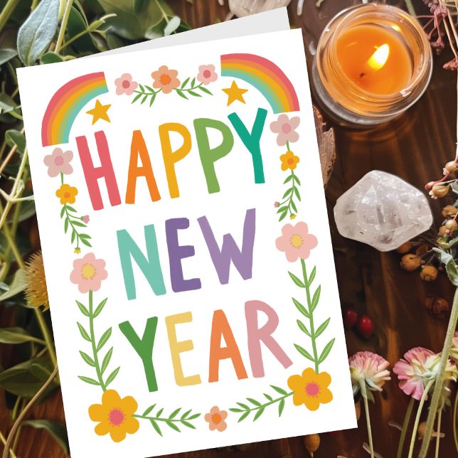 Cheerful Whimsical HAPPY NEW YEAR Handlettering Card (Cheerful Whimsical HAPPY NEW YEAR Rainbow Flowers Boho Handlettering Card
)