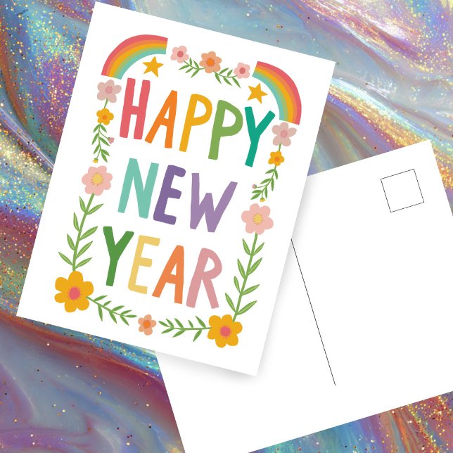 Cheerful Whimsical HAPPY NEW YEAR Handlettering Postcard (Cheerful Whimsical Rainbow HAPPY NEW YEAR Floral Handlettering Boho Postcard
)