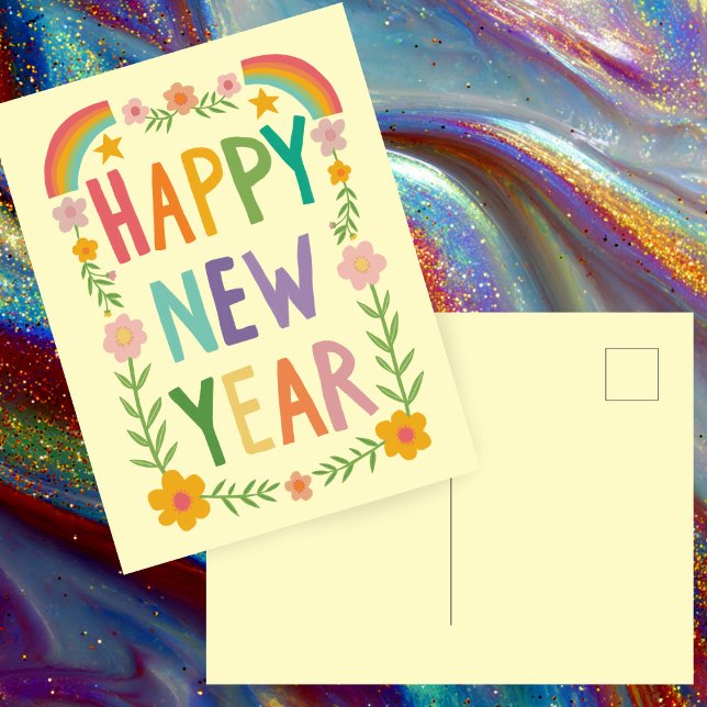 Cheerful Whimsical HAPPY NEW YEAR Handlettering  Postcard (Cheerful Whimsical Floral Rainbow HAPPY NEW YEAR Handlettering Postcard
)