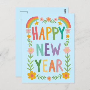 Cheerful Whimsical HAPPY NEW YEAR Handlettering  Postcard