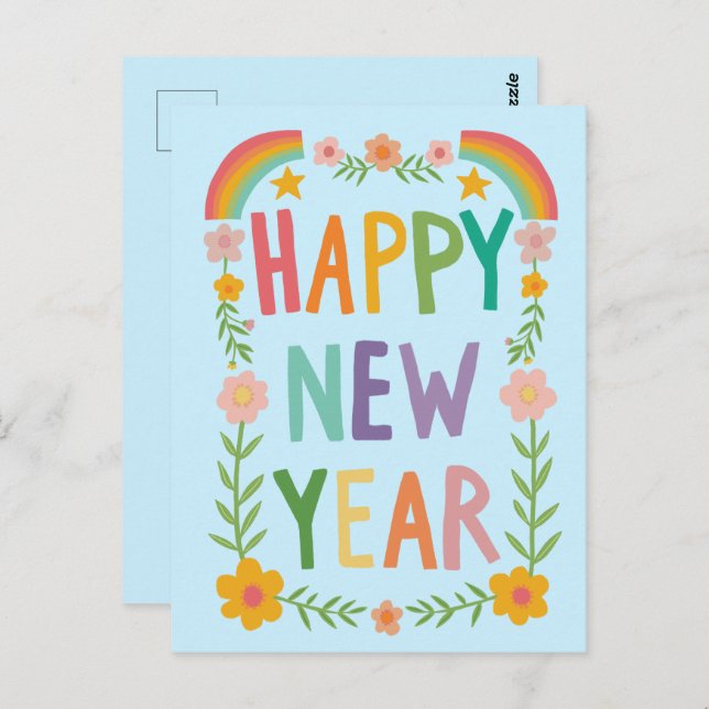 Cheerful Whimsical HAPPY NEW YEAR Handlettering  Postcard (Front/Back)
