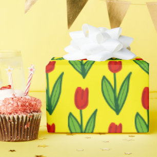 Cheerful whimsical red tulip flower custom yellow  wrapping paper