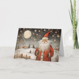 Cheerful Whimsical Santa Claus in a Snowy Village Card