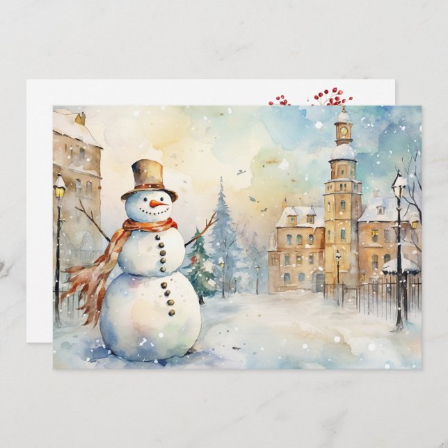 Cheerful Whimsical Snowman in a Snowy Village Holiday Card (Front/Back)