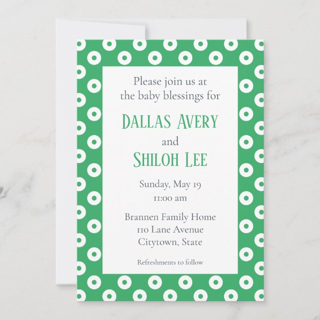 Cheerful Whimsy Green Polka-Dot Twin Baby Blessing Invitation (Front)