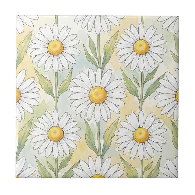 Cheerful White Daisy Floral Pattern Tile (Front)