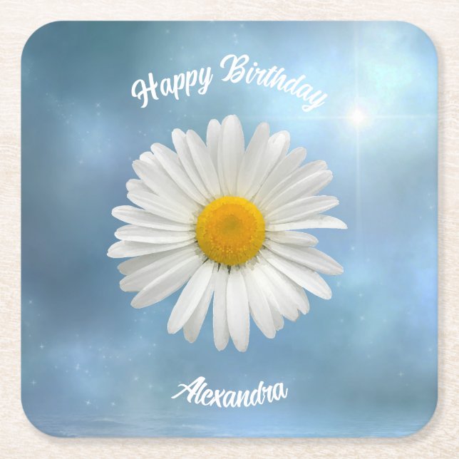 Cheerful White Daisy Square Paper Coaster (Front)