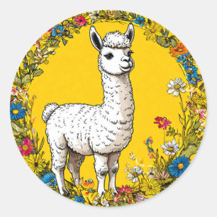 Cheerful white llama classic round sticker