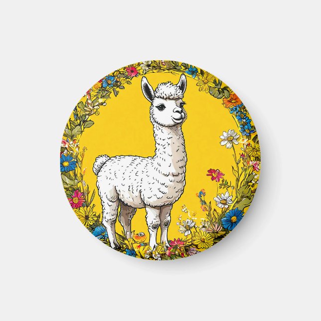 Cheerful white llama magnet (Front)