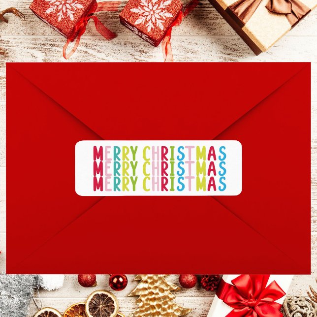 Cheerful White Merry Christmas Repeat Text Design (Colorful Bright Merry Christmas White Background Label)