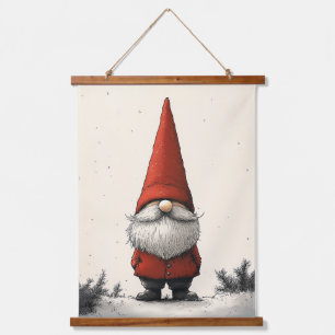 Cheerful Winter Gnome in Red Hat Hanging Tapestry