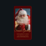 Cheerful Winter Santa Claus Personalised Christmas Label<br><div class="desc">This holidays design features Santa Claus delivering gifts in the snow with the text "Season's Greetings". Personalised with your own photo or leave as is. Add your family name and return address in chic gold typography on a burgundy background below. Edit the text in the text boxes provided or delete...</div>