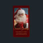 Cheerful Winter Santa Claus Personalised Christmas Label<br><div class="desc">This holidays design features Santa Claus delivering gifts in the snow with the text "Season's Greetings". Personalised with your own photo or leave as is. Add your family name and return address in chic gold typography on a burgundy background below. Edit the text in the text boxes provided or delete...</div>