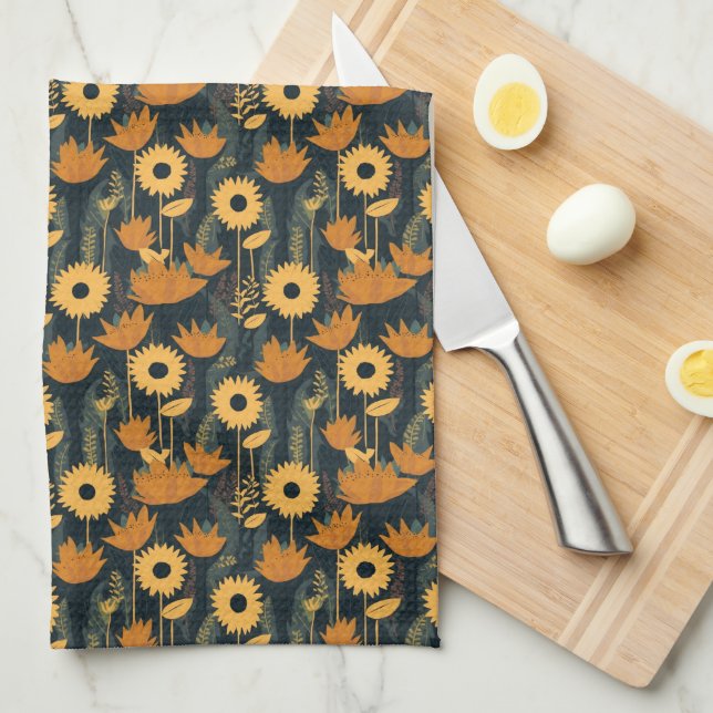 Cheerful Yellow and Orange Retro Looking Flowers Tea Towel (Quarter Fold)