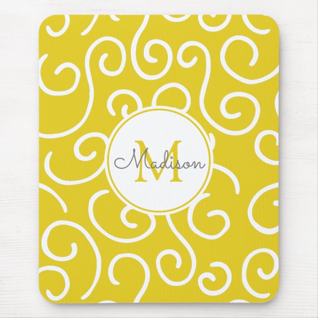 Cheerful Yellow and White Pattern with Monogram Mouse Mat (Front)