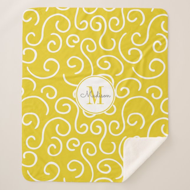 Cheerful Yellow and White Pattern with Monogram Sherpa Blanket (Front)