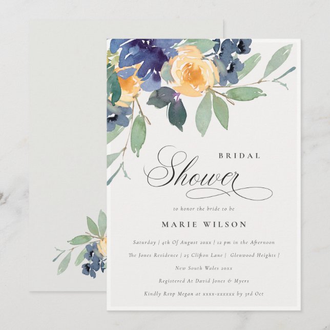 Cheerful Yellow Blue Floral Bridal Shower Invite (Front/Back)