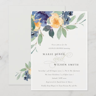 Cheerful Yellow Blue Floral Couples Shower Invite