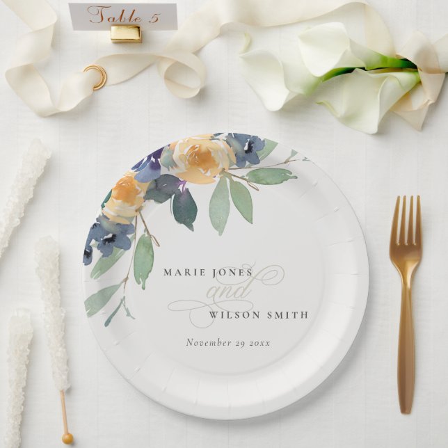 Cheerful Yellow Blue Floral Watercolor Wedding Paper Plate (Wedding)