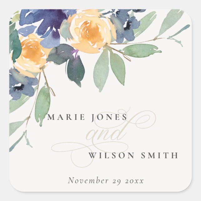 Cheerful Yellow Blue Floral Watercolor Wedding Square Sticker (Front)